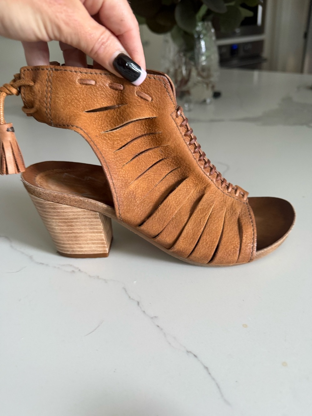 Miz Mooz Tan Cutout Peep-Toe Heeled Booties